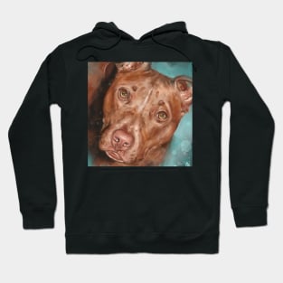 Painting of a Beautiful Red Nose Pit Bull With Soulful Eyes, on Bluish Green Background Hoodie